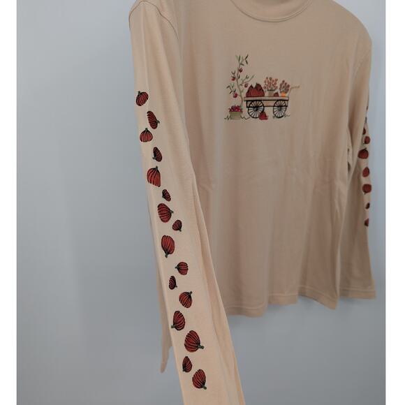 Mountain Lake Fall Shirt XL Pumpkin Cart Embroidered Top Long Sleeve Tee Cottage - Picture 4 of 6